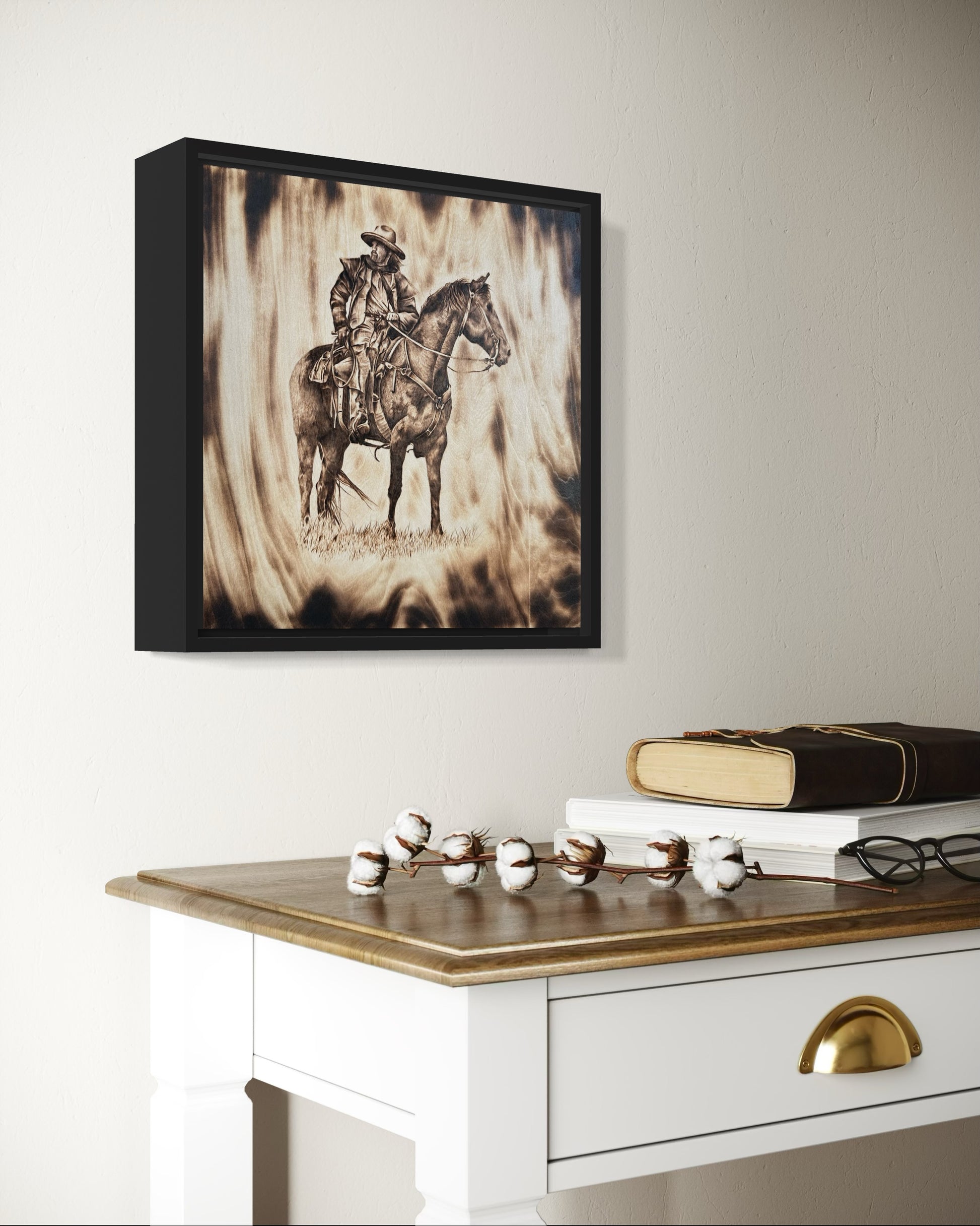 Original framed wood burning of cowboy on horse with grass, handmade western rustic wall art