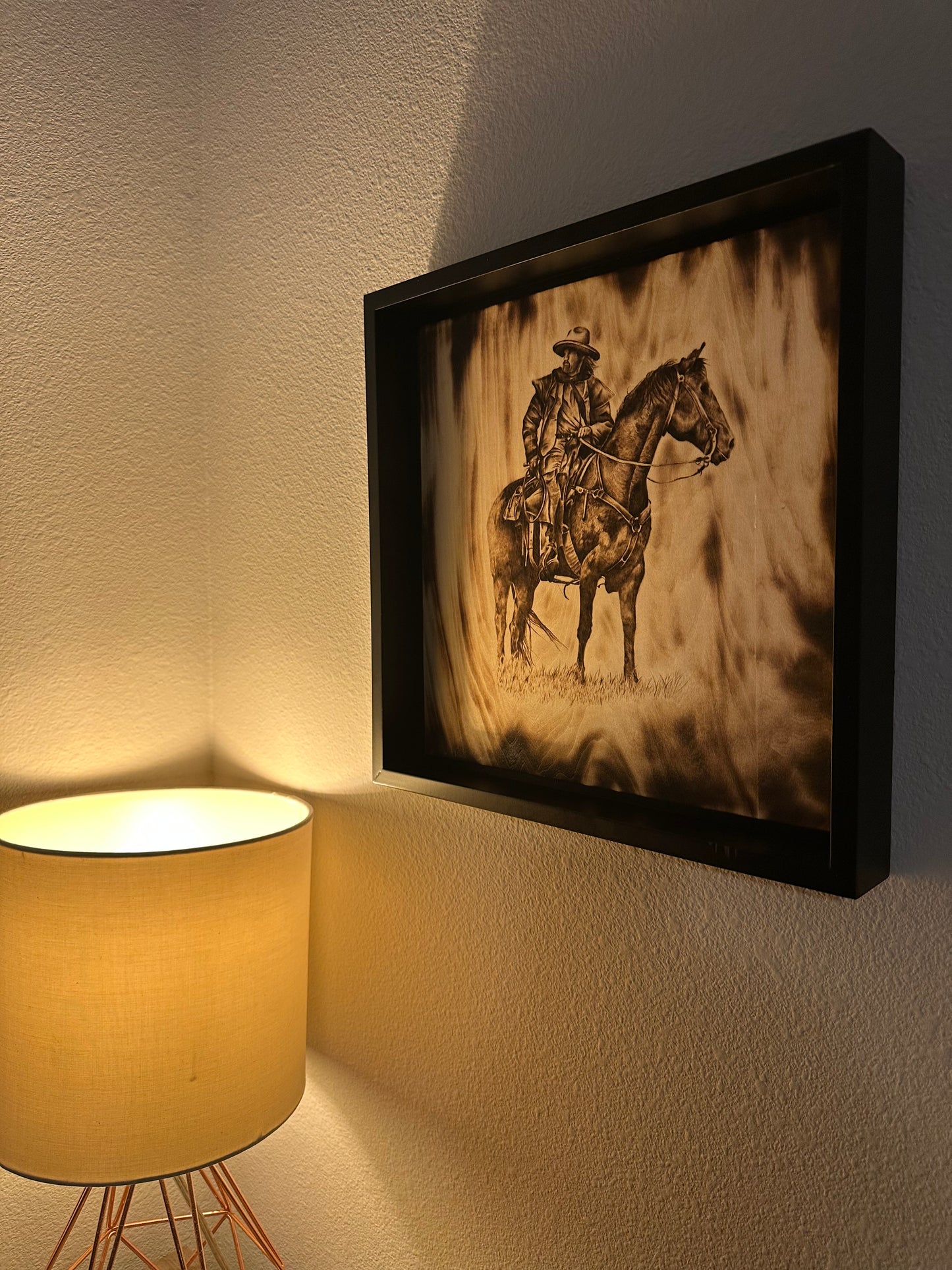 Original framed wood burning of cowboy on horse with grass, handmade western rustic wall art