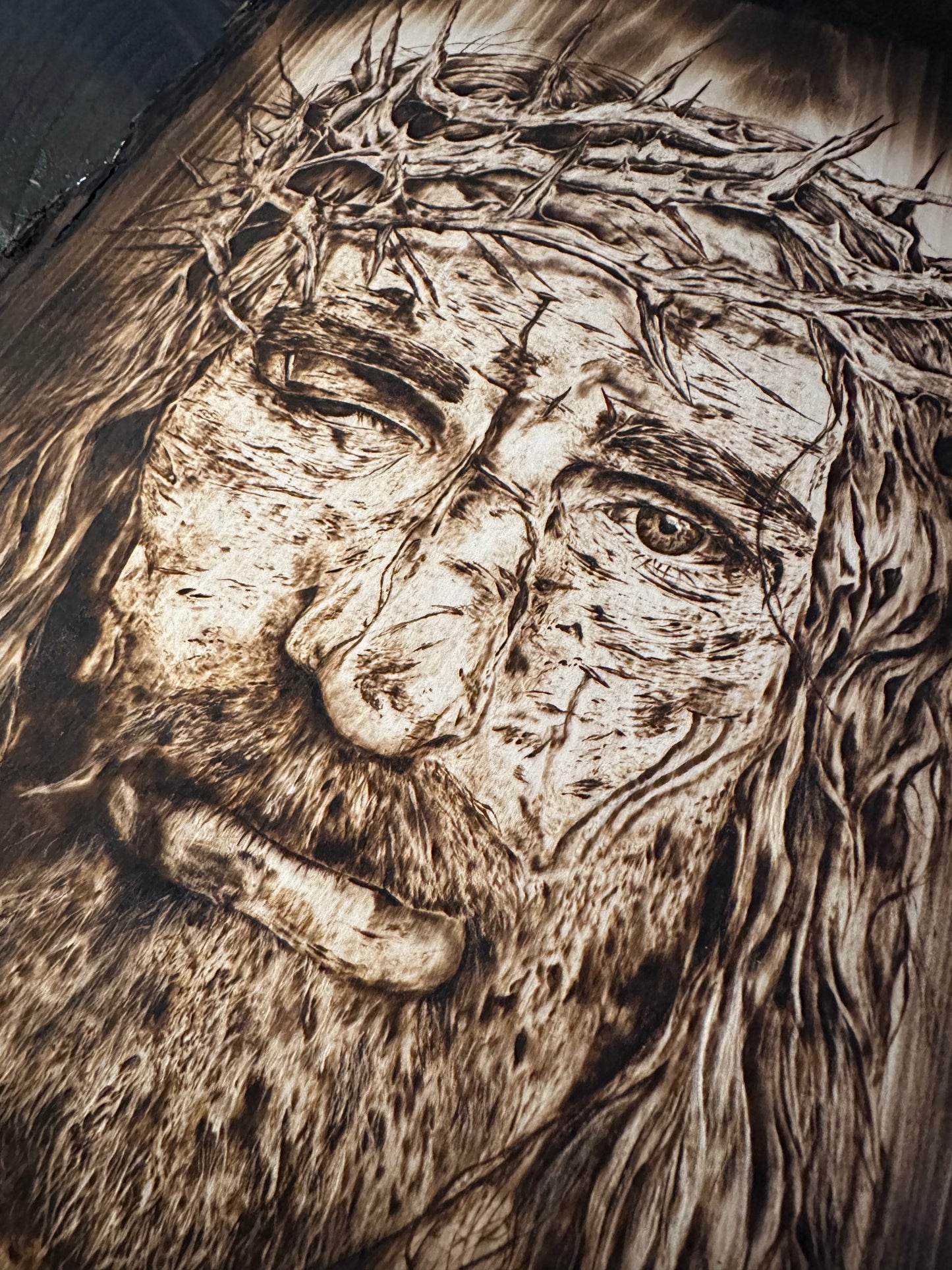Original pyrography portrait of Jesus with crown of thorns on natural wood, handmade Christian wall art