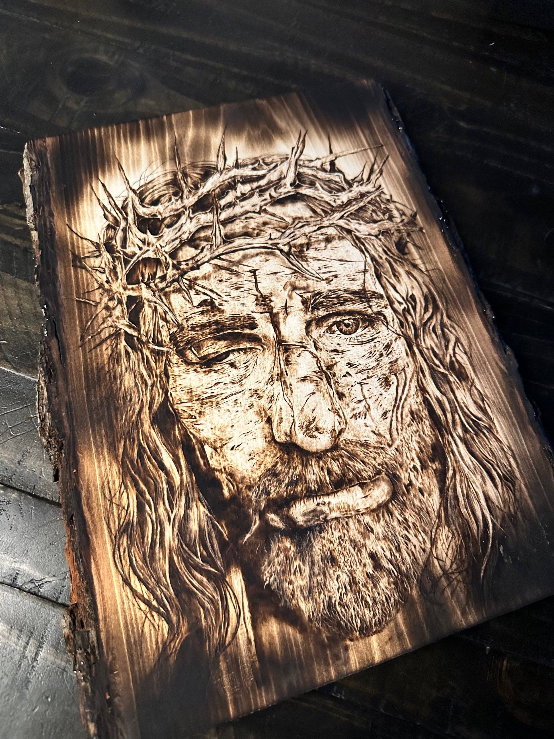 Original pyrography portrait of Jesus with crown of thorns on natural wood, handmade Christian wall art