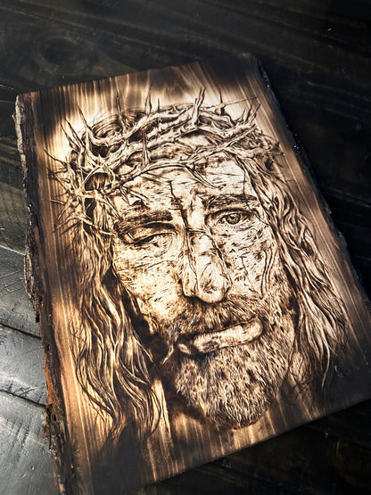 Original pyrography portrait of Jesus with crown of thorns on natural wood, handmade Christian wall art