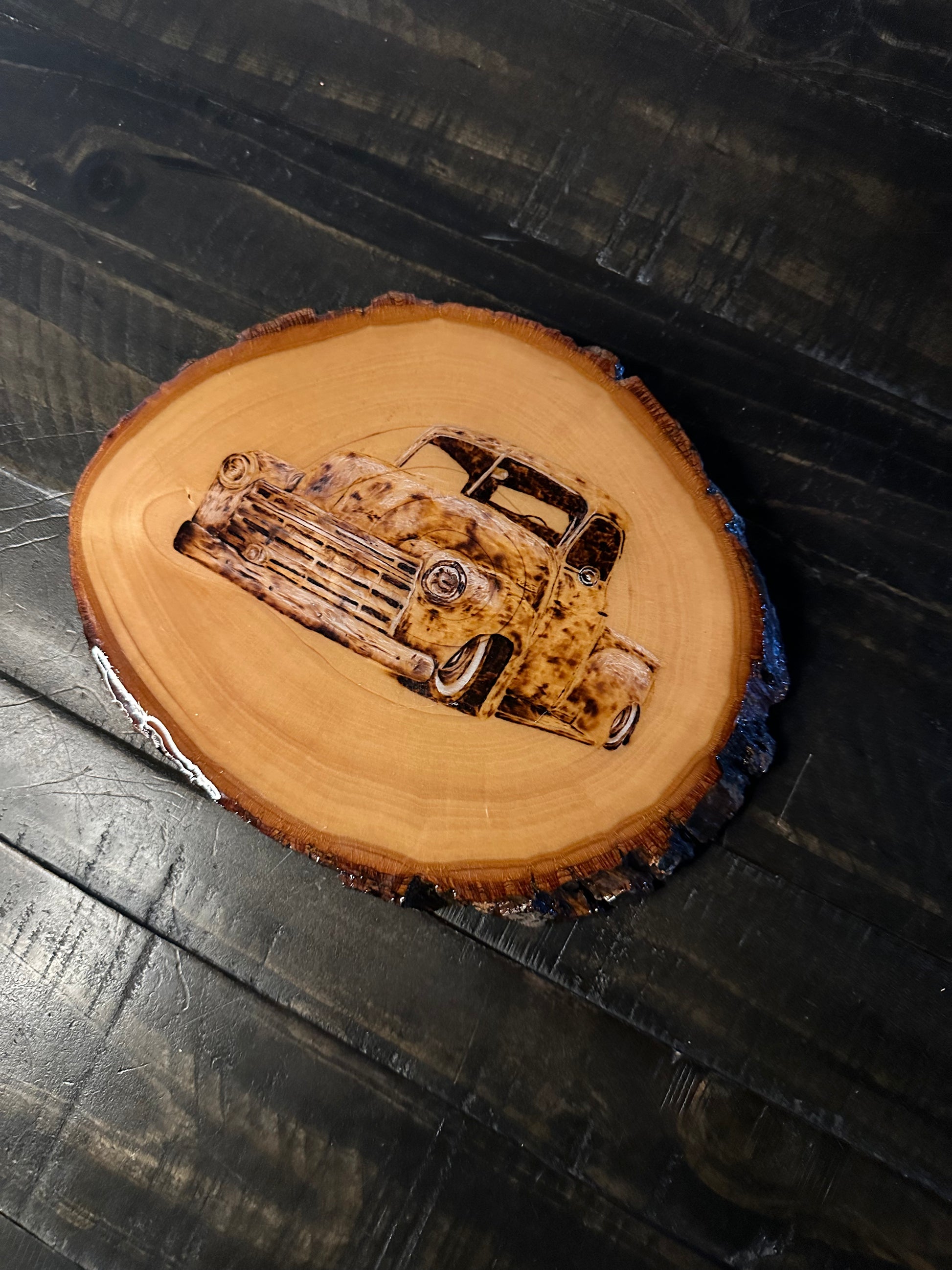 Original wood burned artwork of lowered 1950s Chevy hot rod with patina finish, handmade rustic wall art