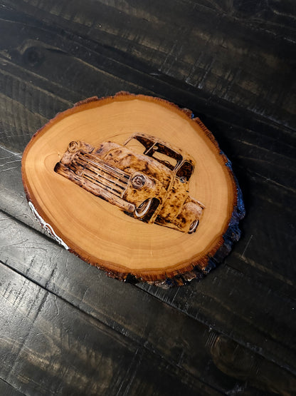 Original wood burned artwork of lowered 1950s Chevy hot rod with patina finish, handmade rustic wall art