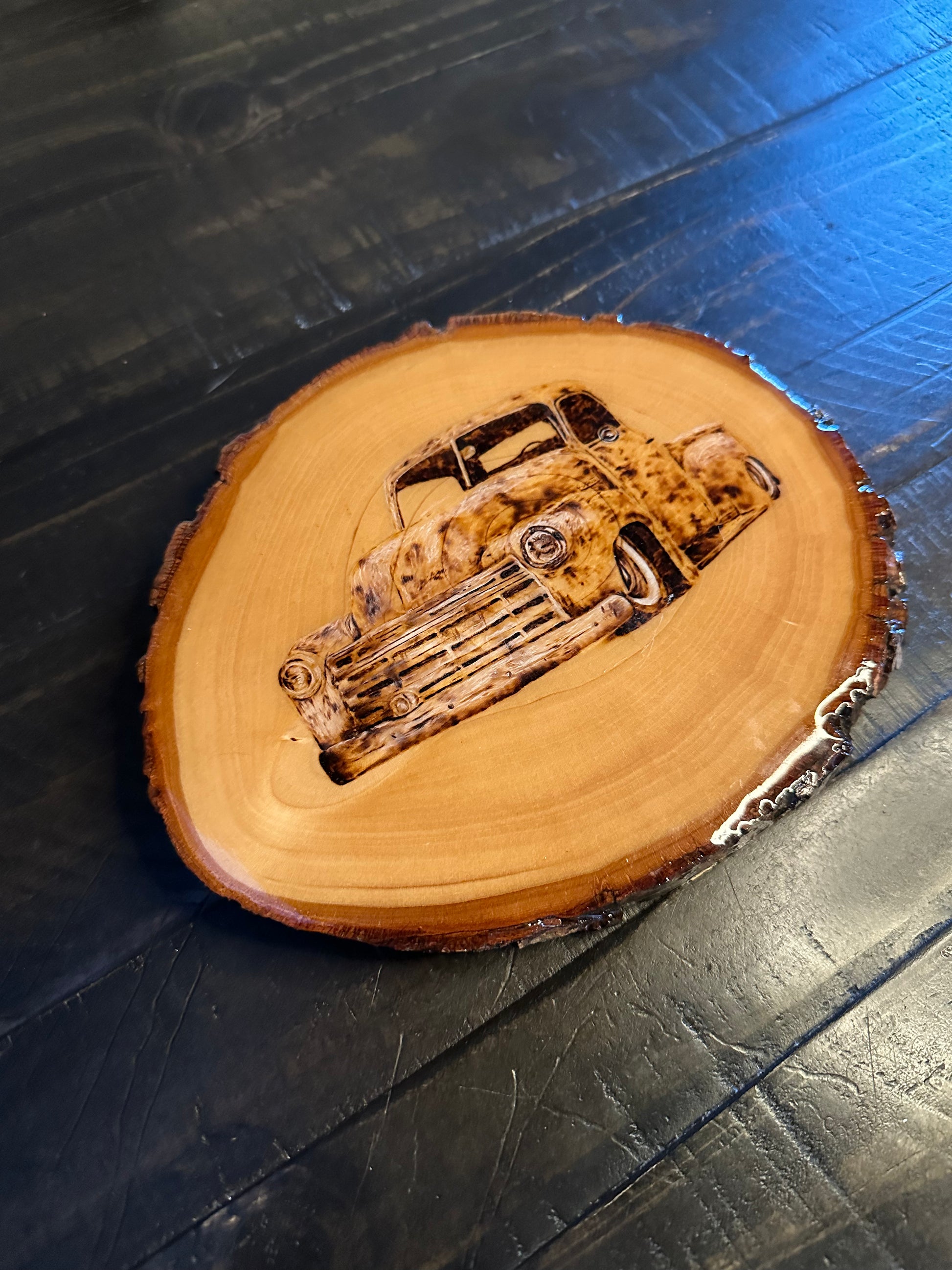 Original wood burned artwork of lowered 1950s Chevy hot rod with patina finish, handmade rustic wall art
