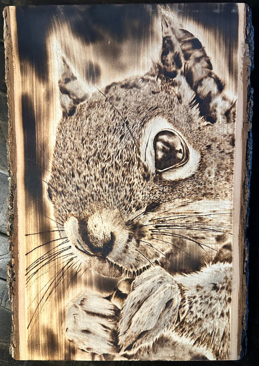 A wood burning artwork of a squirrel with prominent fur details and a questioning expression.