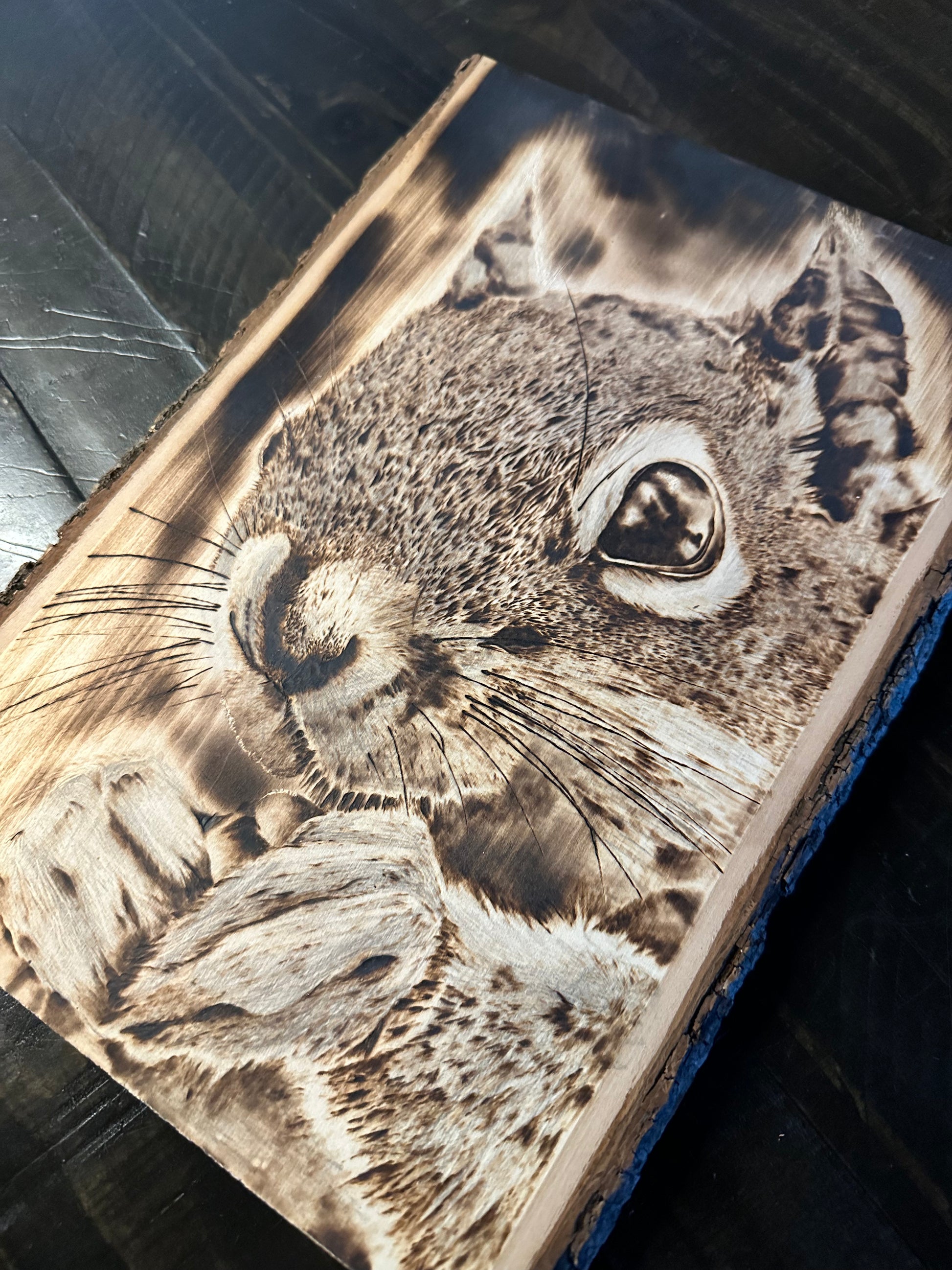 Original pyrography squirrel close-up on natural wood, handmade wildlife wall art